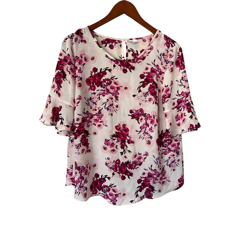 Elle Women Pink Floral Tiered Bell Sleeve Blouse Top Medium Round Neck Keyhole